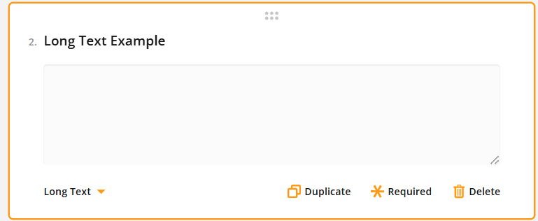 Screenshot of a user interface with a 'Long Text Example' field, including options to duplicate, require, or delete.