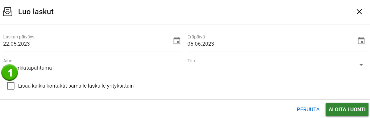 Kuvakaappaus ”Luo laskuja” -käyttöliittymästä, jossa on kentät laskun päivämäärälle, eräpäivälle, aiheelle ja tilalle.