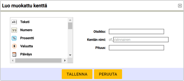 Kuvakaappaus ”Luo muokattu kenttä” -valintaikkunasta, jossa on kenttätyyppivaihtoehtoja ja syöttökentät merkinnälle, nimelle ja pituudelle.
