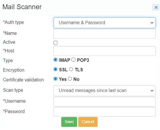 A screenshot of a Mail Scanner configuration window with various unfilled settings fields.