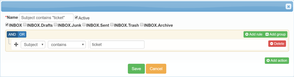 Email filtering interface with a rule set to find emails with "ticket" in the subject.