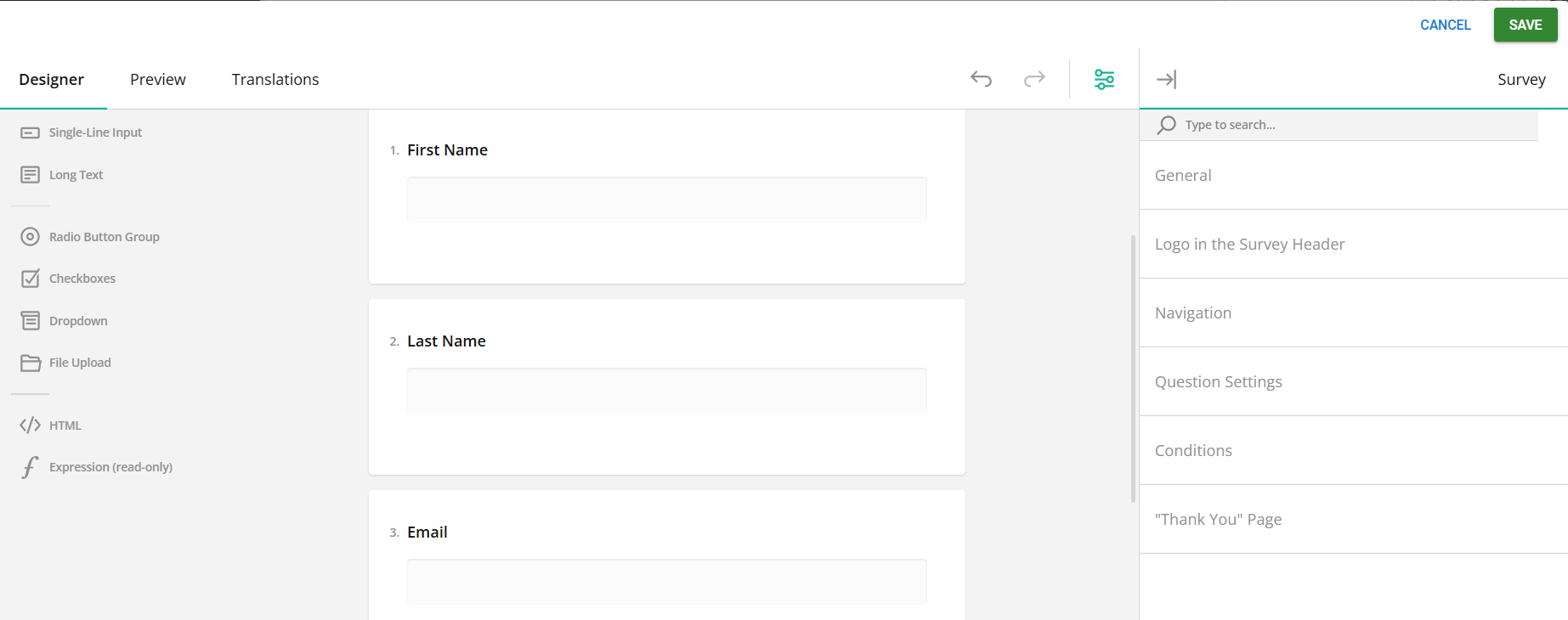 User interface of a survey design tool with fields for first and last name and email address