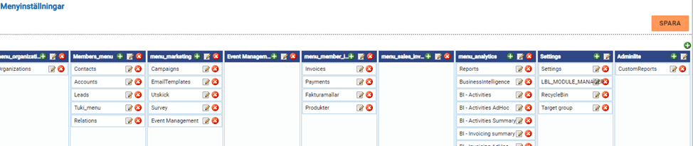 Skärmdump av sidan för programvaruinställningar som visar alternativ för menykonfiguration för olika moduler.