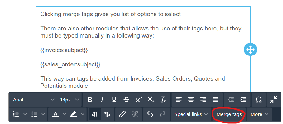 Screenshot of a text editor interface with an open menu highlighting the 'Merge tags' option.
