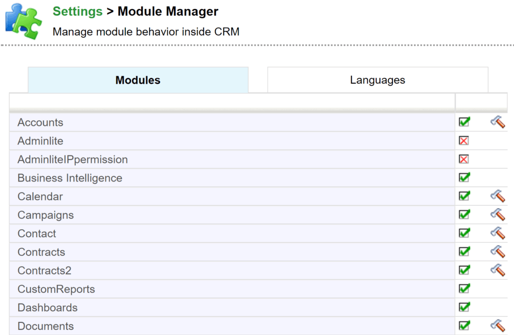 Screenshot of a CRM Module Manager interface with a list of modules and enable/disable options.
