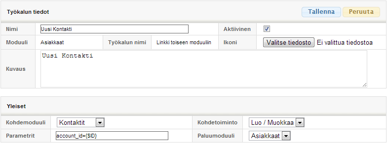 Kuvakaappaus käyttöliittymästä, jolla lisätään uusi yhteyshenkilö ja jossa on kentät nimelle, moduulille ja parametreille.
