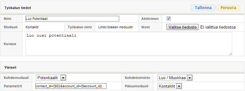 Kuvakaappaus käyttöliittymästä, jolla luodaan linkki ”Luo potentiaali” -moduuliin yhteystietomoduulissa.