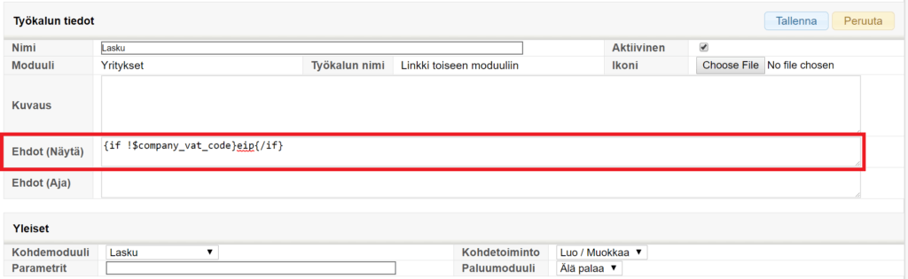 Kuvakaappaus ohjelmatyökalun asetussivusta, jossa on kentät nimelle, moduulille ja ehdoille.