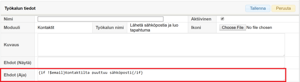 Kuvakaappaus ohjelmistokäyttöliittymästä, jossa näkyy määrityskenttiä ja tekstikenttään kirjoitettu ehdollinen sääntö.
