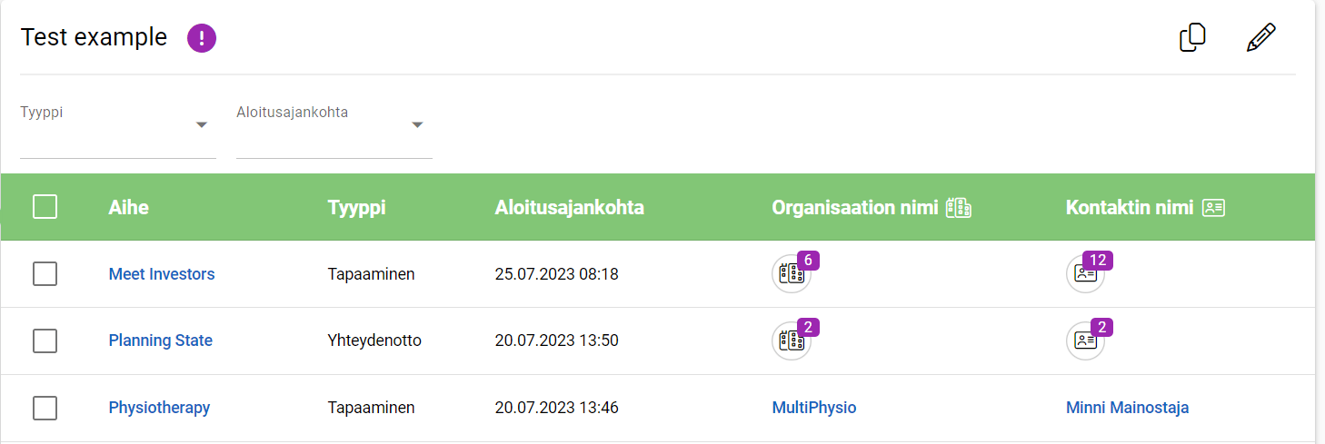Kuvakaappaus kalenterikäyttöliittymästä, jossa on aikataulutettuja aktiviteetteja ”Meet Investors”, ”Planning State” ja ”Physiotherapy”.
