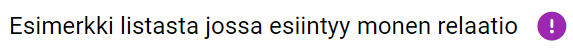 Teksti, jossa lukee ”Esimerkki listasta jossa esiintyy monen relaatio” ja violetti hälytyssymboli.