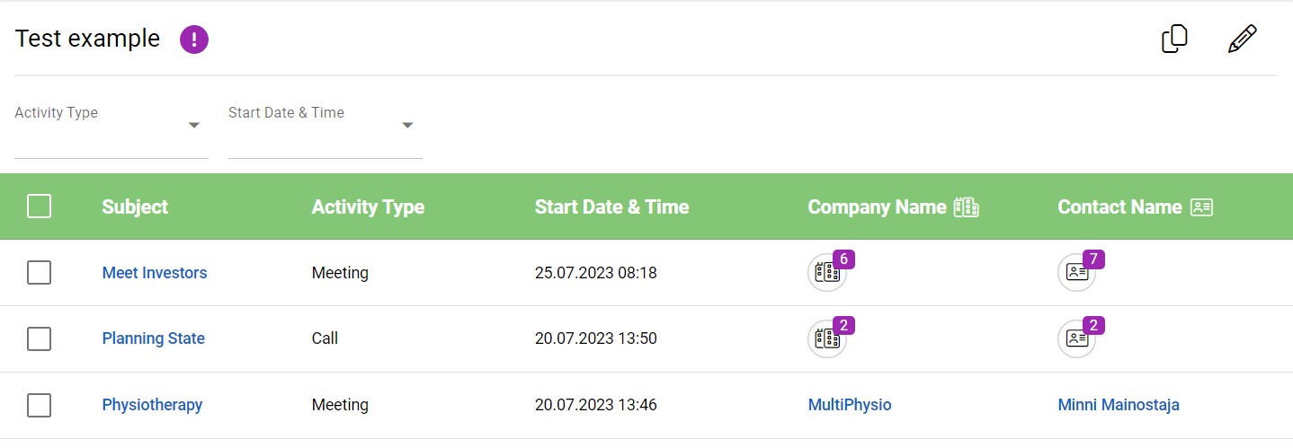 Screenshot of a calendar interface with scheduled activities 'Meet Investors,' 'Planning State,' and 'Physiotherapy.'
