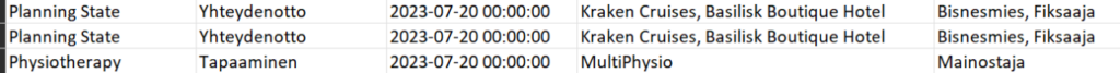 A table with planning and physiotherapy appointments scheduled and one duplicate row
