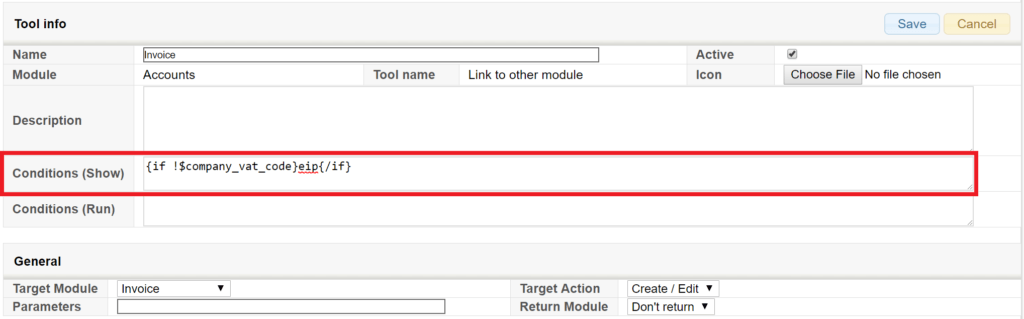 Screenshot of a software tool settings page with fields for name, module, and conditions.