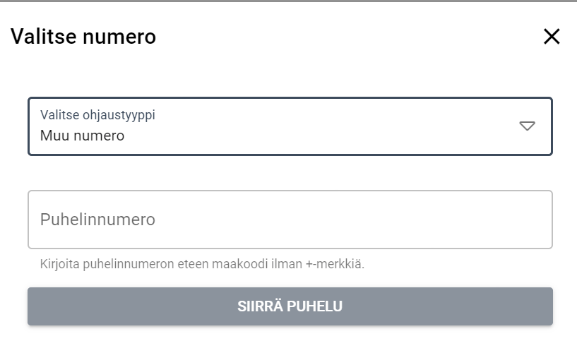 Valitse numero-käyttöliittymä, jossa on vaihtoehtoja soitonsiirtoa varten ja kenttä puhelinnumeron syöttämistä varten.