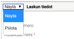 Pudotusvalikko, jossa on vaihtoehdot ”Näytä” ja ”Piilota” otsikon ”Laskun tiedot” vieressä.