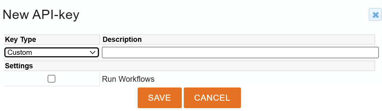 Dialogue box for creating a new API-key with fields for Key Type, Description, Settings, and Save/Cancel buttons.