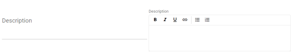 A screenshot of a text editor interface with an empty 'Description' fields and formatting options on the left description field.