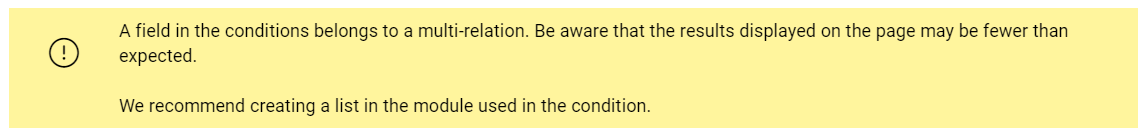 Warning message regarding a multi-relation field affecting display results, with a recommendation provided.