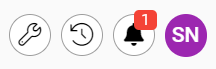 Icons for a wrench, sync, notification bell with a "1" badge, and initials "SN" in a purple circle.