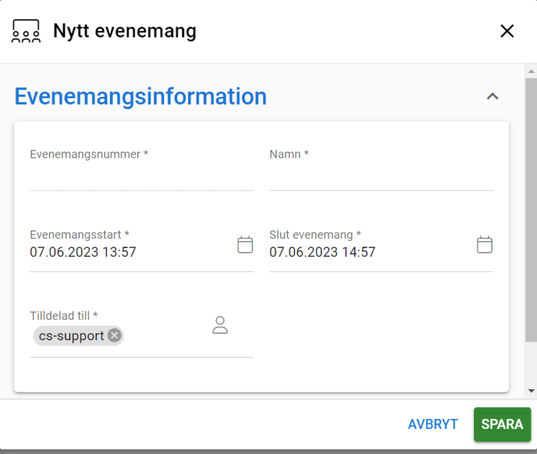 Skärmdump av ett formulär för att skapa ett ”Nytt massevenemang” med fält för information om evenemanget och schemaläggning.