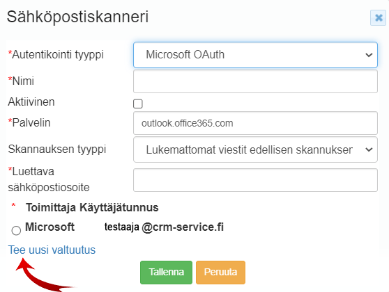 Kuvakaappaus sähköpostiskannerin määritysikkunasta, jossa on eri kenttiä ja Tallenna-painike.