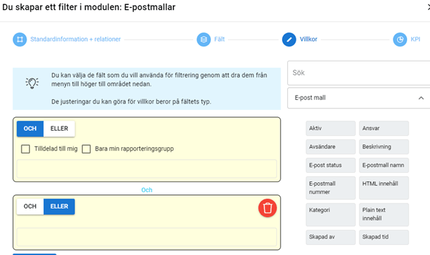 Skärmdump av ett användargränssnitt för att skapa ett filter i en ”E-post”-modul med alternativ för att ange kriterier.
