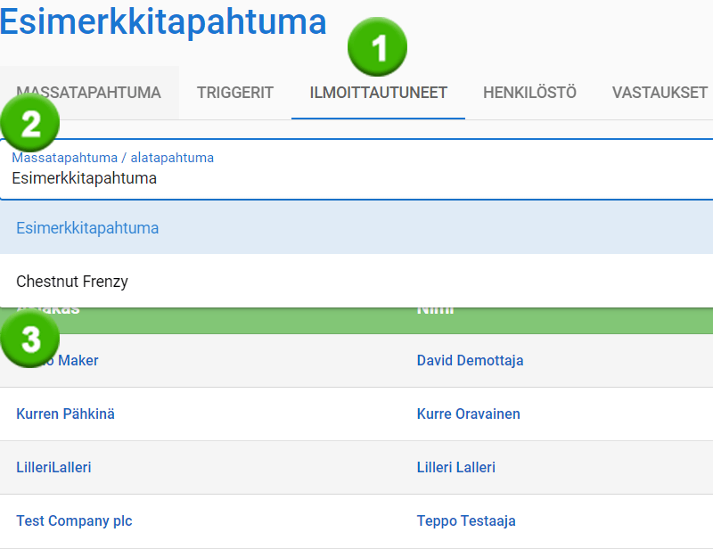 Kuvakaappaus tapahtuman rekisteröintikäyttöliittymästä, jossa on 1 rekisteröinti ja jossa näkyy osallistujaluettelo ja roolit.