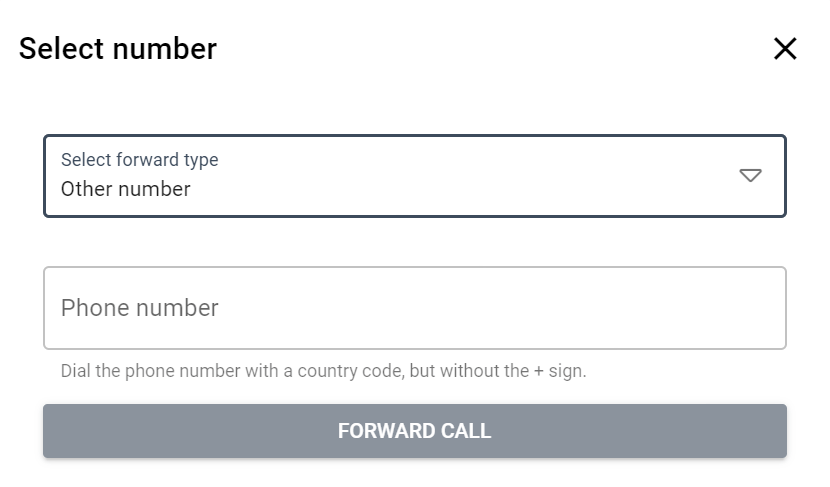 A "Select number" interface with options for call forwarding and a field for entering a phone number.