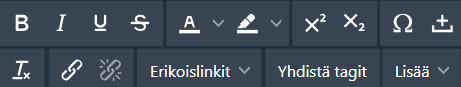 Tekstieditorin työkalupalkki, jossa on muotoilu- ja erikoislinkkivaihtoehtoja.