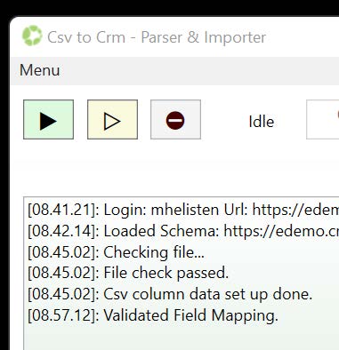 Kuvakaappaus ohjelmasta nimeltä 'Csv to Crm - Parser & Importer', jossa on lokiviestejä ja valikkopainikkeita.