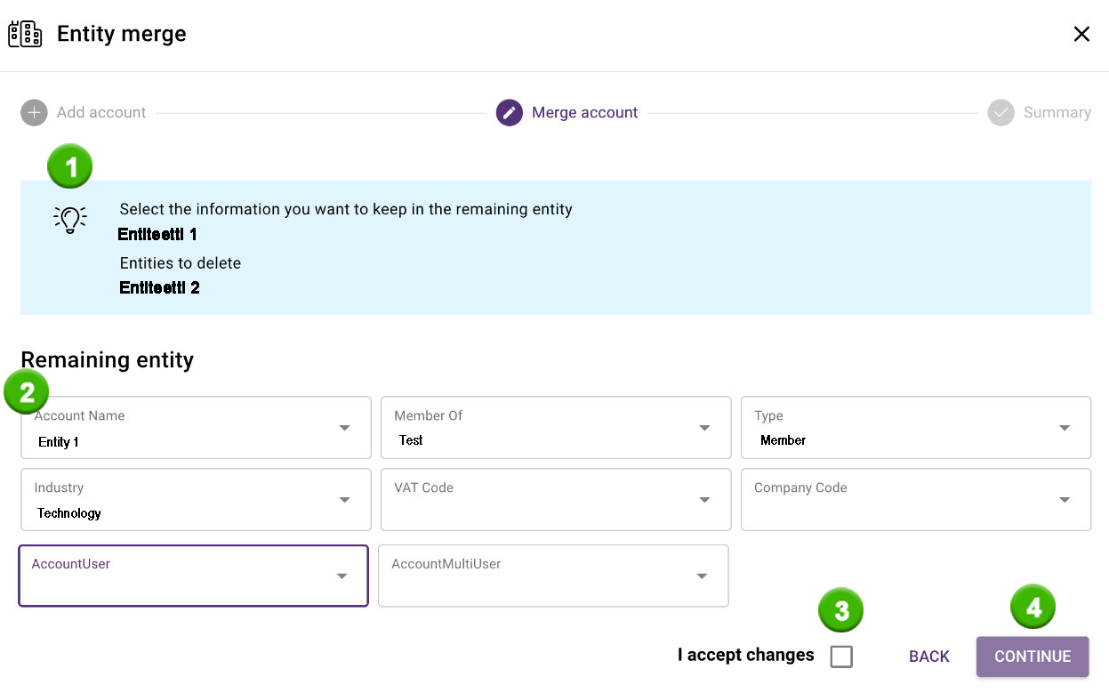 Screenshot of an 'Entity merge' interface with options to select information for merging accounts.