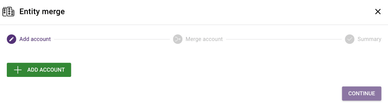 Screenshot of an 'Entity merge' process interface with 'Add Account' and 'Continue' buttons.