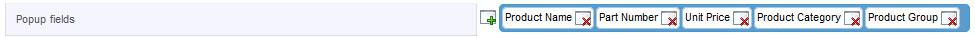 Screen capture of a dropdown menu titled "Popup fields" with options like Product Name, Part Number, Unit Price.