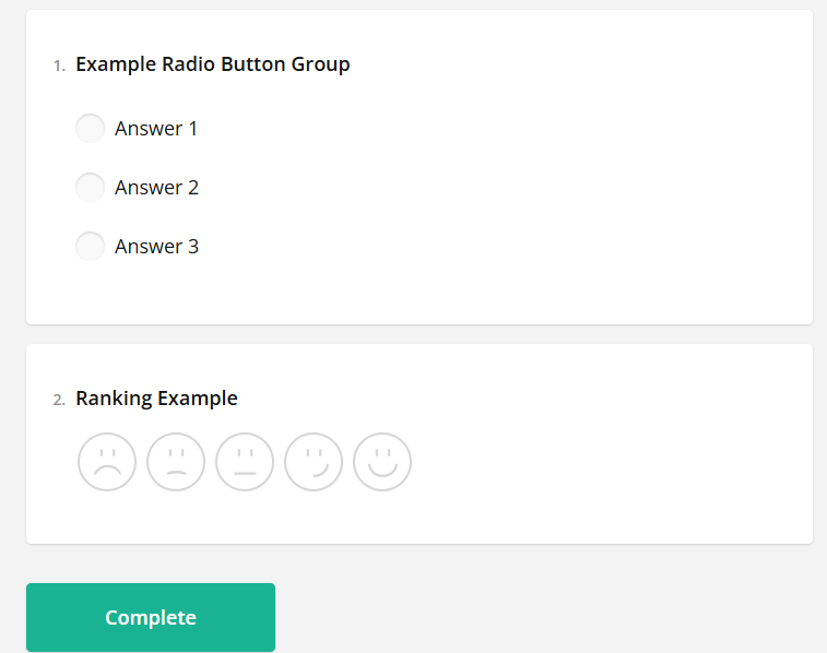 Screenshot of a survey form with two questions: a multiple choice radio button group and a smiley-face rating scale.