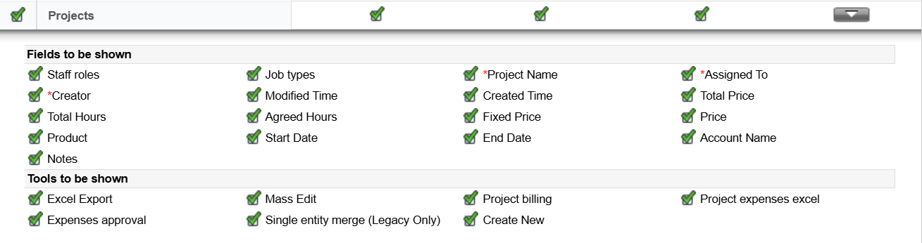Screenshot of software interface with checkboxes for customizing 'Projects' fields and 'Tools to be shown'.