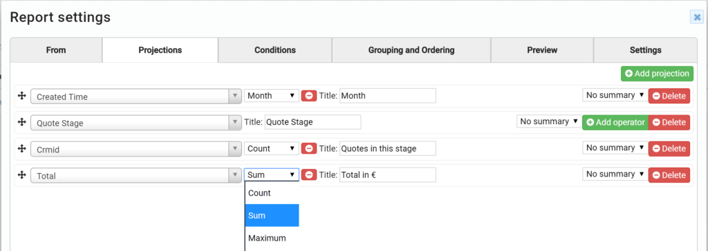 Screenshot of a report settings interface with options for projections and conditions.