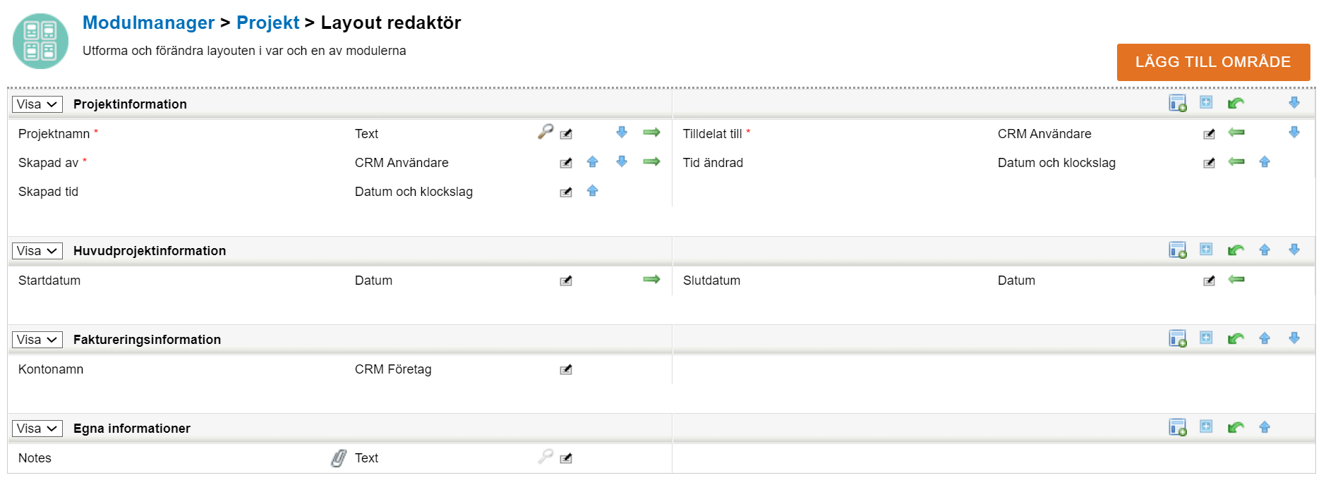 Skärmdump av en CRM-layoutredaktör med sektioner för projekt-, huvud-, fakturerings- och anpassad information.