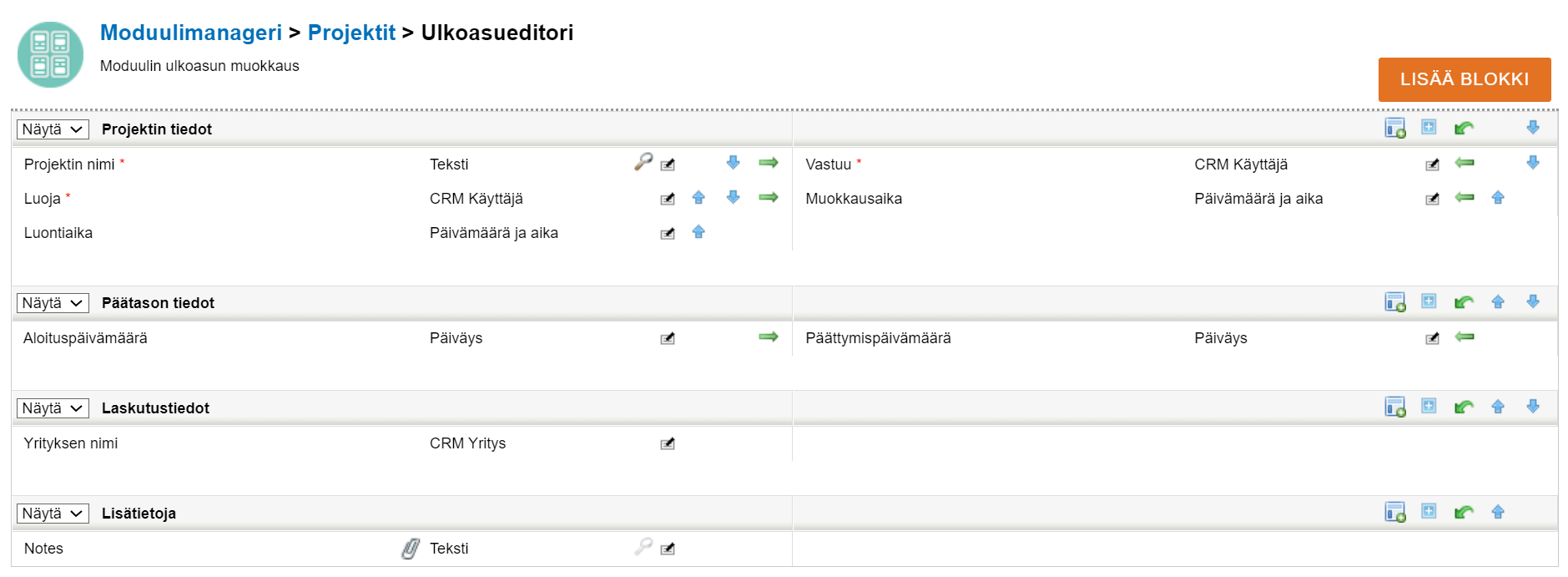 Kuvakaappaus ulkoasueditorista, jossa on osiot projektille, pää-, laskutus- ja mukautetuille tiedoille.
