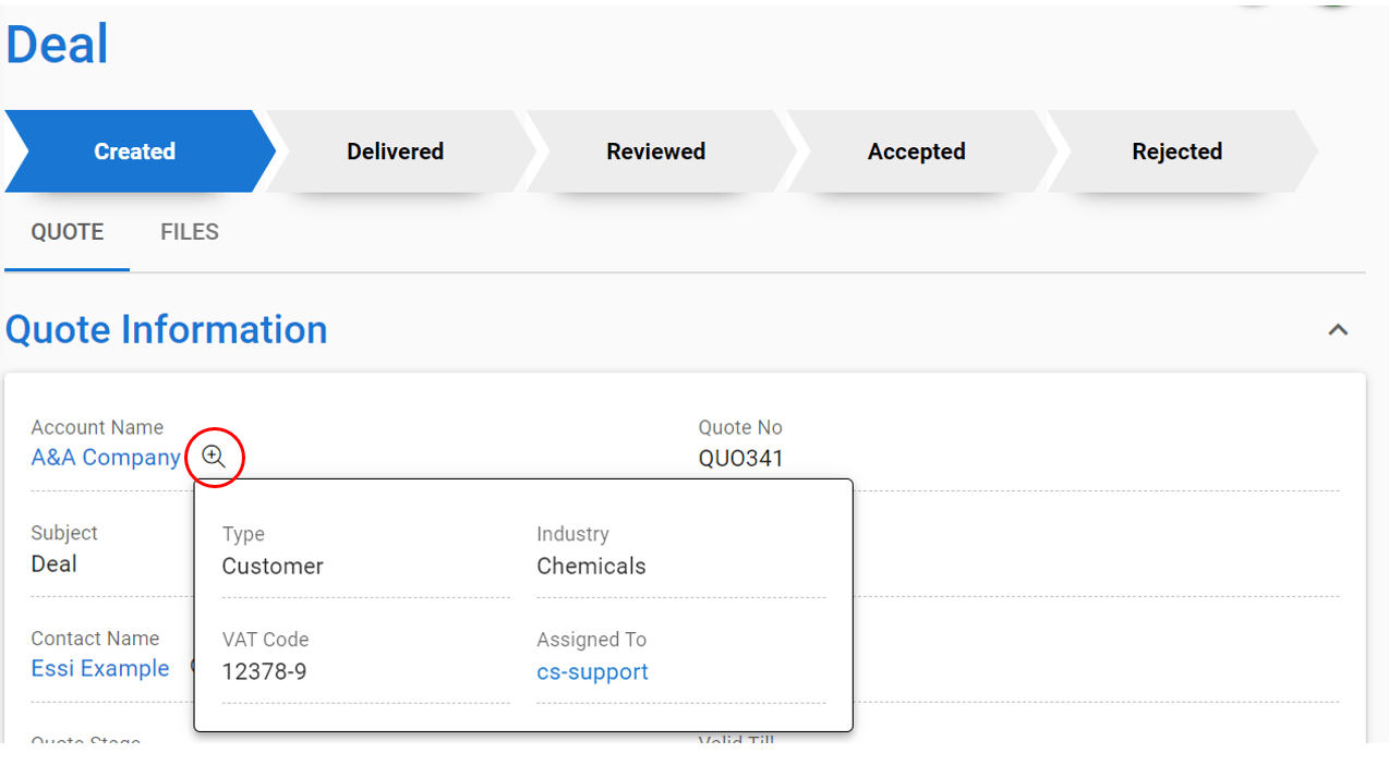 Screenshot of a CRM interface showing deal stages and a 'Quote Information' form.