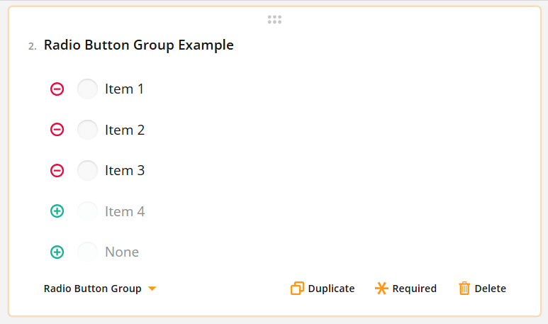 Screenshot of a radio button group with five options, four red and two green, with none selected.