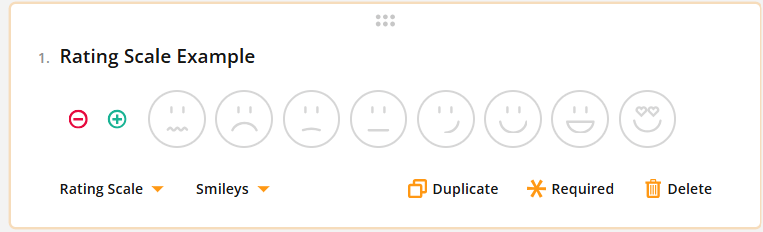 Screenshot of a smiley-based rating scale ranging from a red angry face to a green smiling face with hearts for eyes.