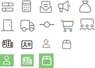 A grid of minimalistic icons representing various concepts like communication, logistics, e-commerce, and user profiles.
