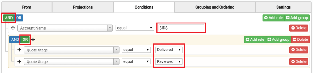 Screenshot of a software interface with filter conditions set for “Account Name” and “Quote Stage”.
