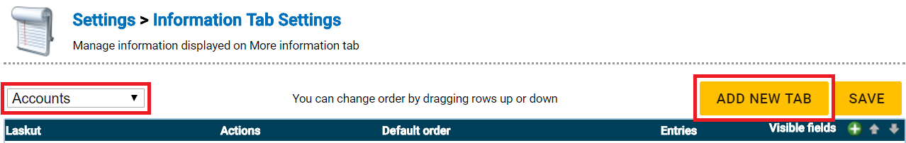 Icon of a scroll next to text "Information tab settings" and subtitle "Manage information displayed on more information tab."