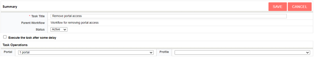 A screenshot of a task management interface titled "Remove portal access" with workflow settings.