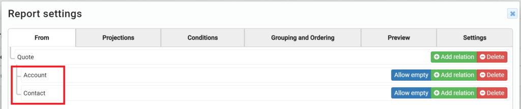 Screenshot of a report settings interface with tabs and options for adding relations to Account and Contact.