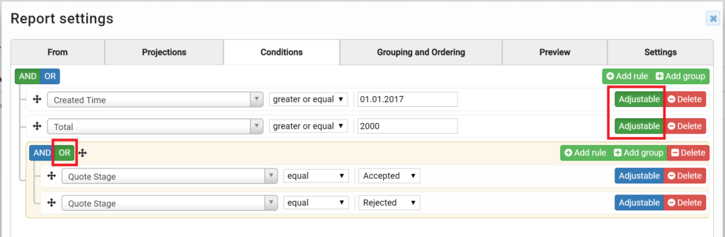 Screenshot of a report settings interface with filters for created time, total, and quote stage.
