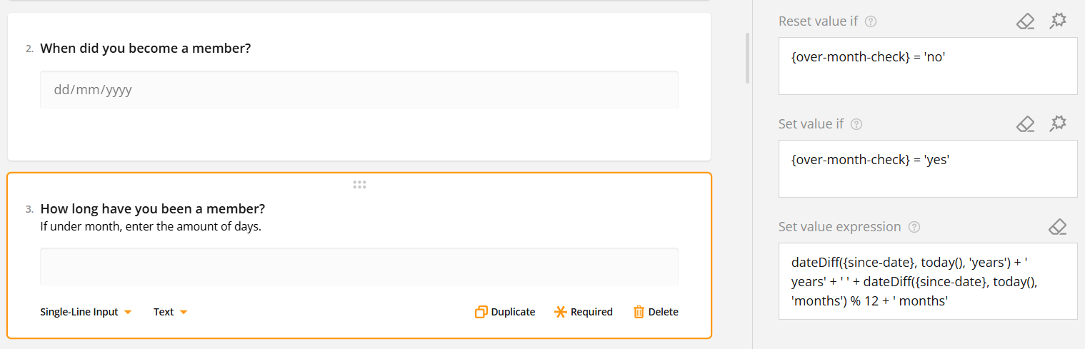 Screenshot of a membership form with fields asking the join date and membership duration.