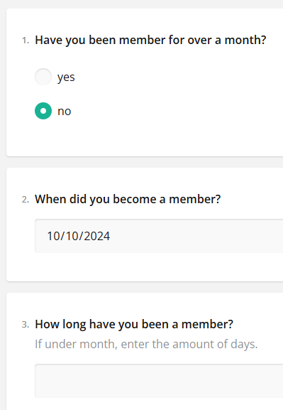 Online membership form with questions about membership duration and joining date. Last field is left empty.